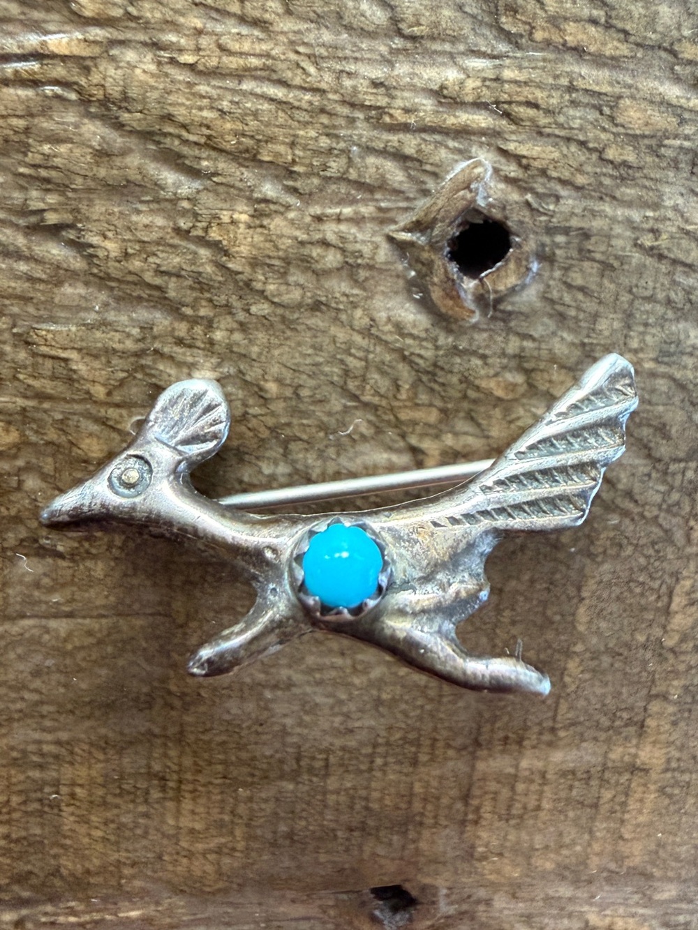 Vintage Native Navajo Handmade Cast Sterling Silver Turquoise Roadrunner Pin